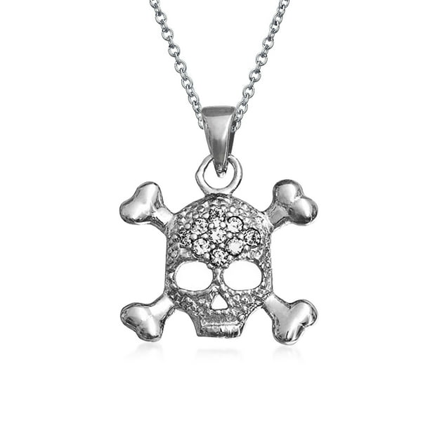 Goth Biker Chick Pirate Skull And Crossbones Pave Cubic Zirconia CZ Pendant Necklace For Women For Teen .925 Sterling Silver